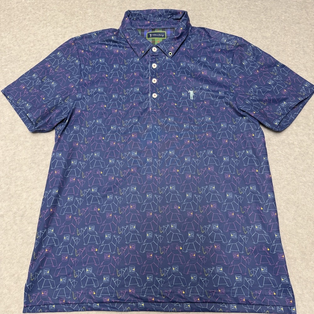 William Murray Polo Shirt Mens L Blue Polyester Spandex Golf Dog Cocktail Print